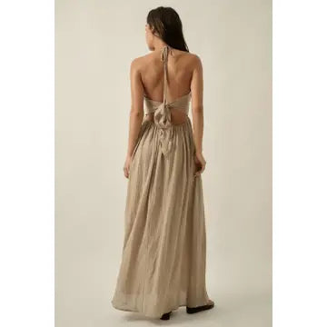 COTTON GAUZE TIE-BACK HALTER MAXI DRESS