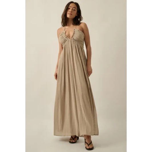 COTTON GAUZE TIE-BACK HALTER MAXI DRESS