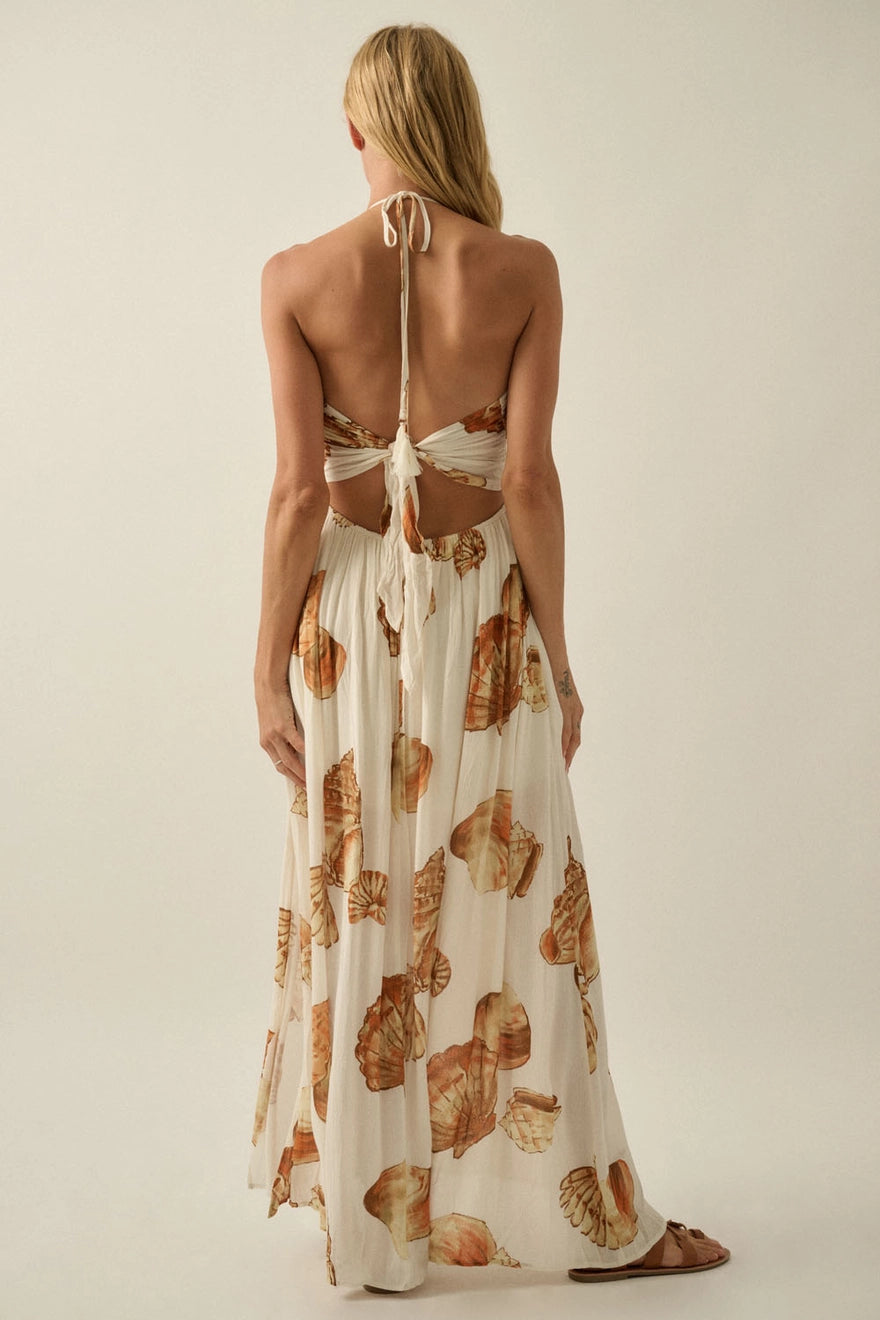 SEASHELL PRINT CREPE TIE BACK HALTER MAXI DRESS