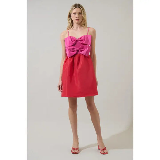 BOW COLOR BLOCK DRESS RED/PINK