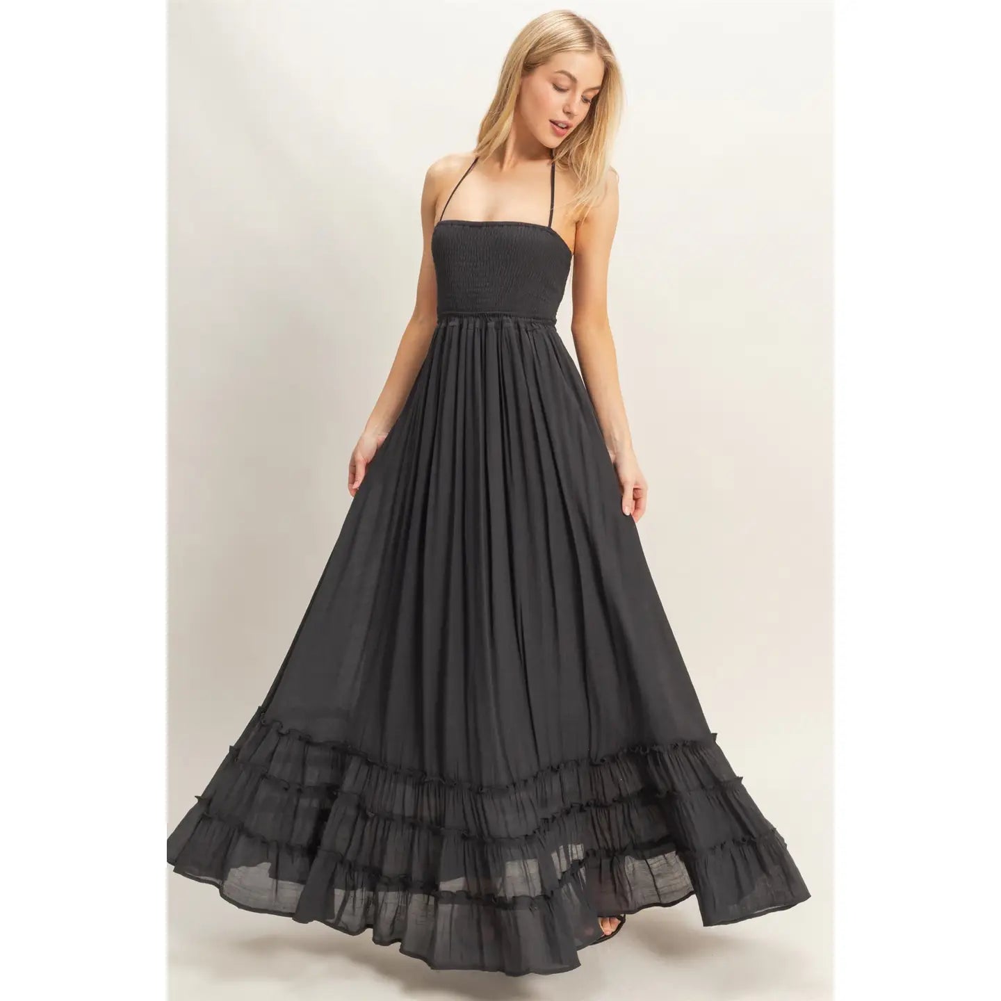 SMOCKED HALTER MAXI DRESS